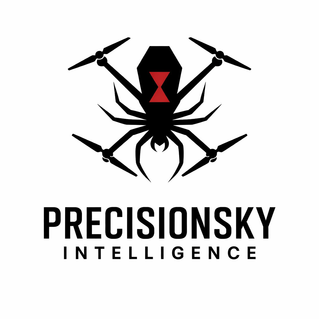 A black and red logo of a spider with drone propellers on its back, above the text "PRECISIONSKY" and "INTELLIGENCE".