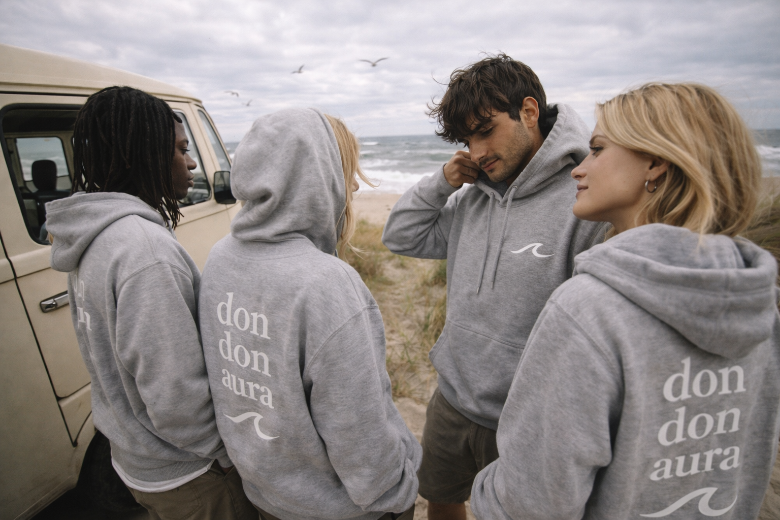 A group of five young adults standing together on a beach, wearing matching gray hoodies with the 'don don aura' logo, near a beige van, with seagulls flying in the cloudy sky over the ocean.