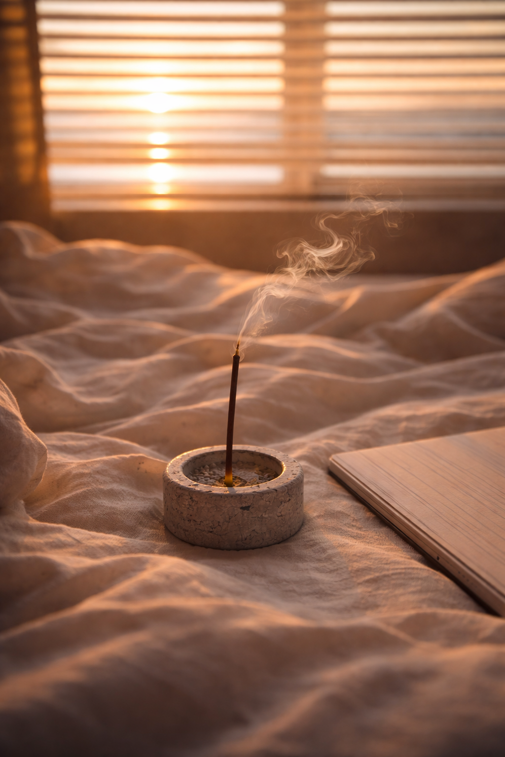 A lit incense stick in a stone holder on a rumpled bed, with sunlight filtering through window blinds in the background.