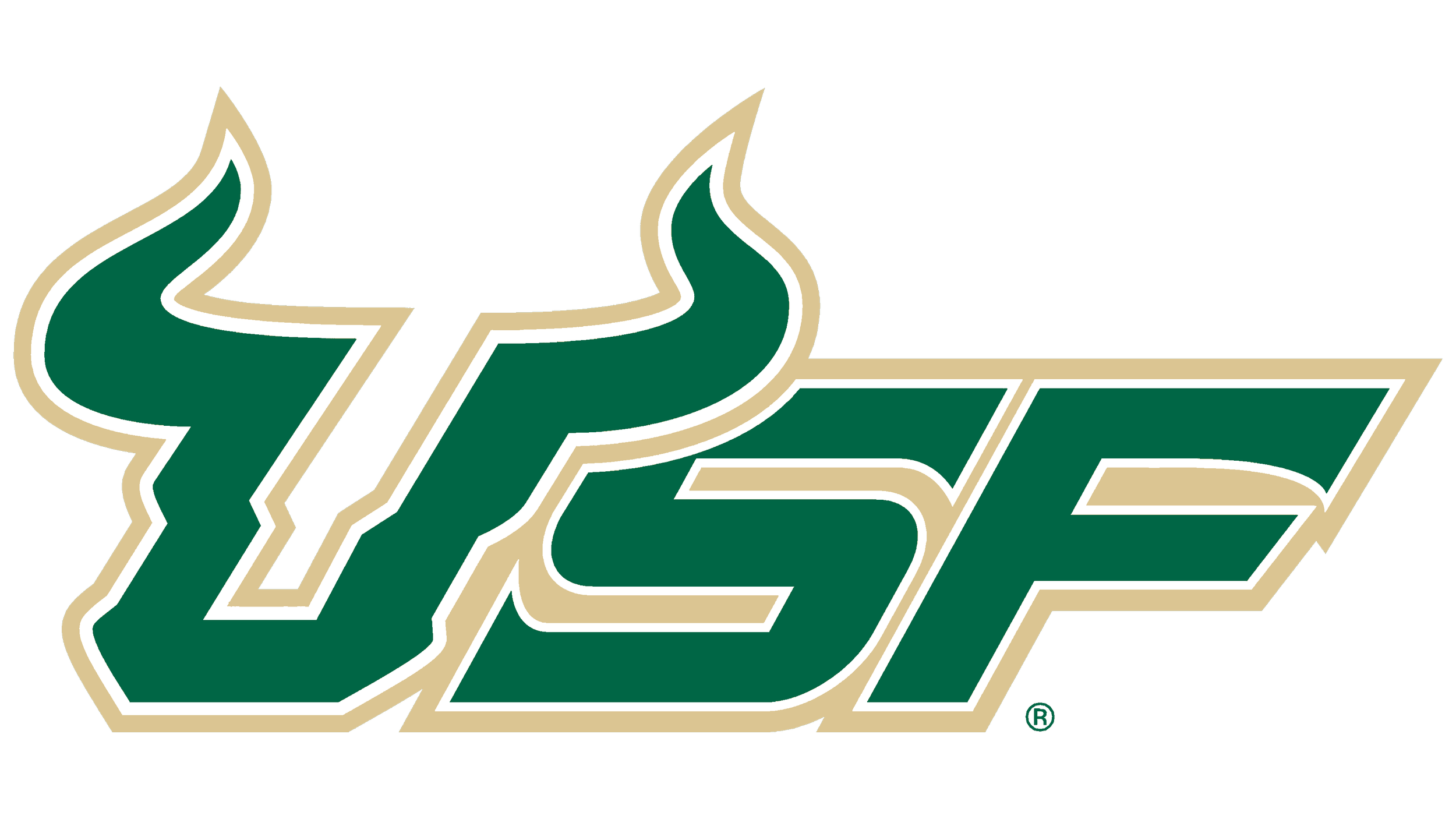 University of South Florida logo in green with a white and gold outline on a black background.