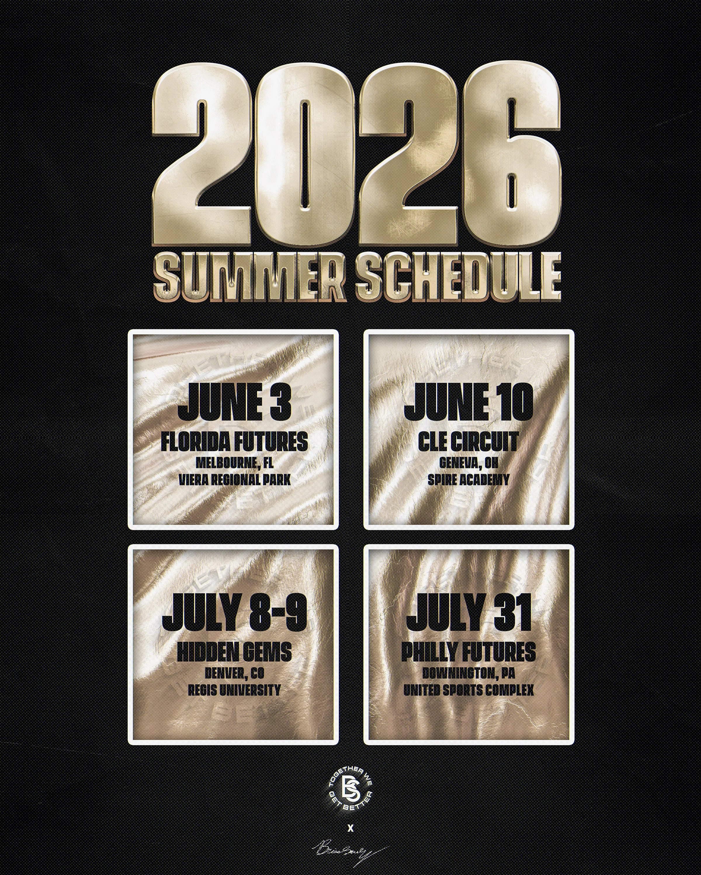 2026 Summer Schedule poster with four event details and dates, including locations at Florida Futures, CLE Circuit, Hidden Gems, and Philly Futures.