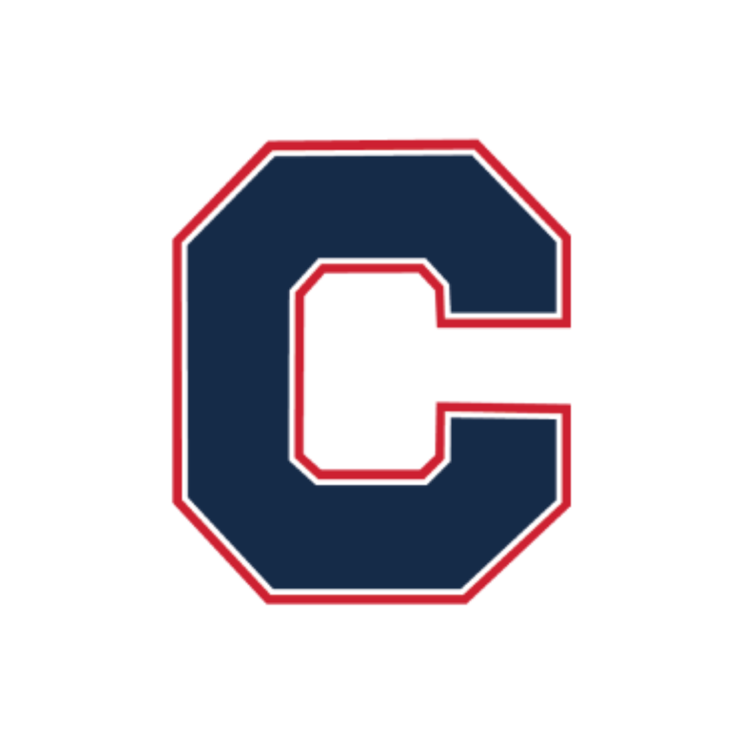 Close-up of the Cleveland Guardians logo featuring a large, navy blue letter 'C' with red and white outlines, set against a background with red streaks.