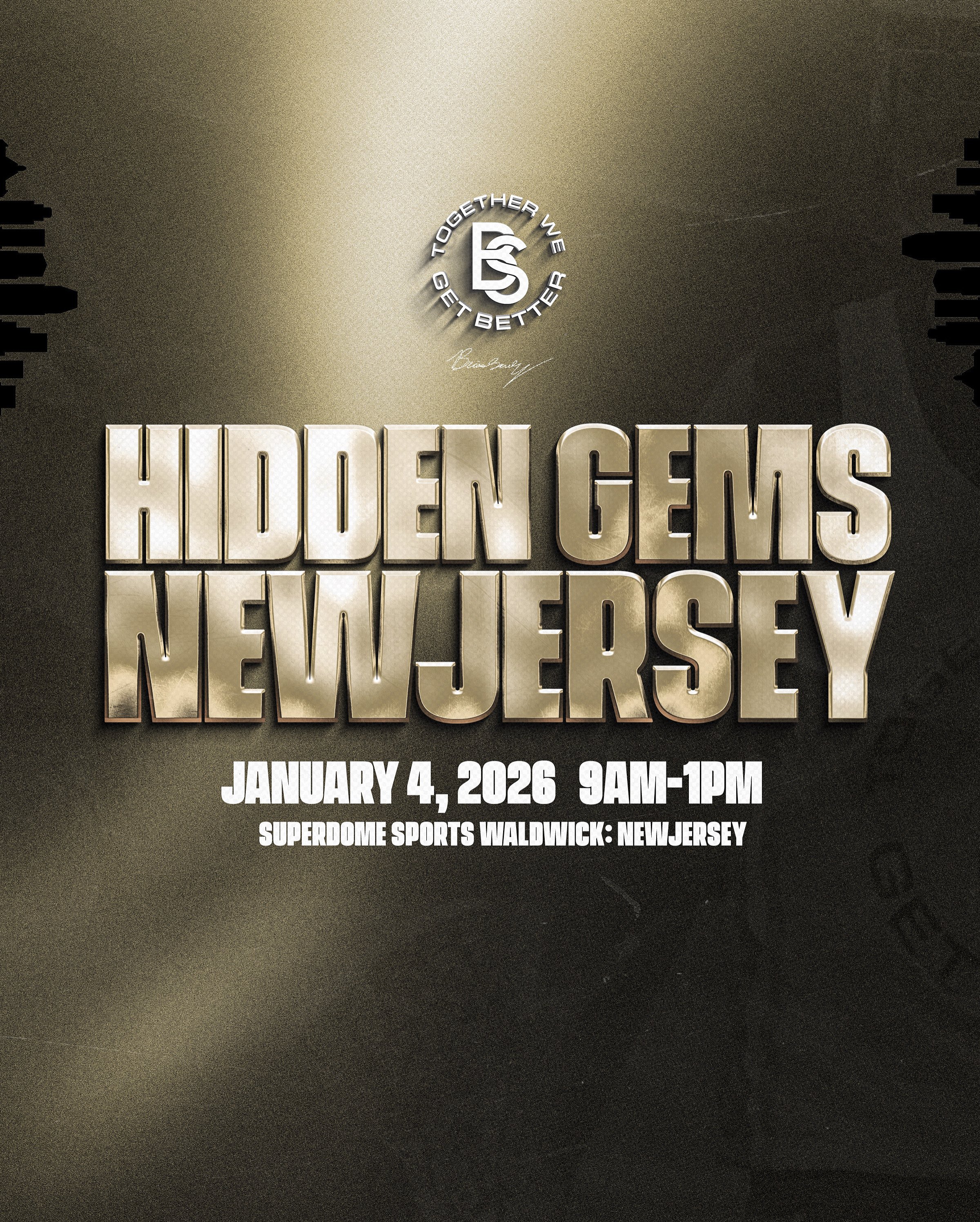 Event poster announcing 'Hidden Gems New Jersey' on January 4, 2026, from 9 AM to 1 PM at Superdome Sports Waldwick, New Jersey. The poster features a golden and black color scheme with bold 3D text.