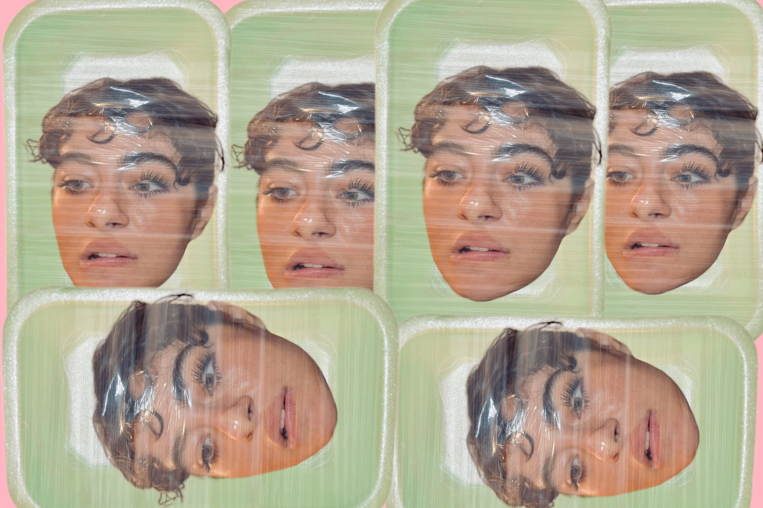 Immagine di sei porzioni di un gelato al cioccolato e vaniglia con un volto femminile, disposte in due file di tre, avvolte in plastica trasparente, con uno sfondo rosa e verde.