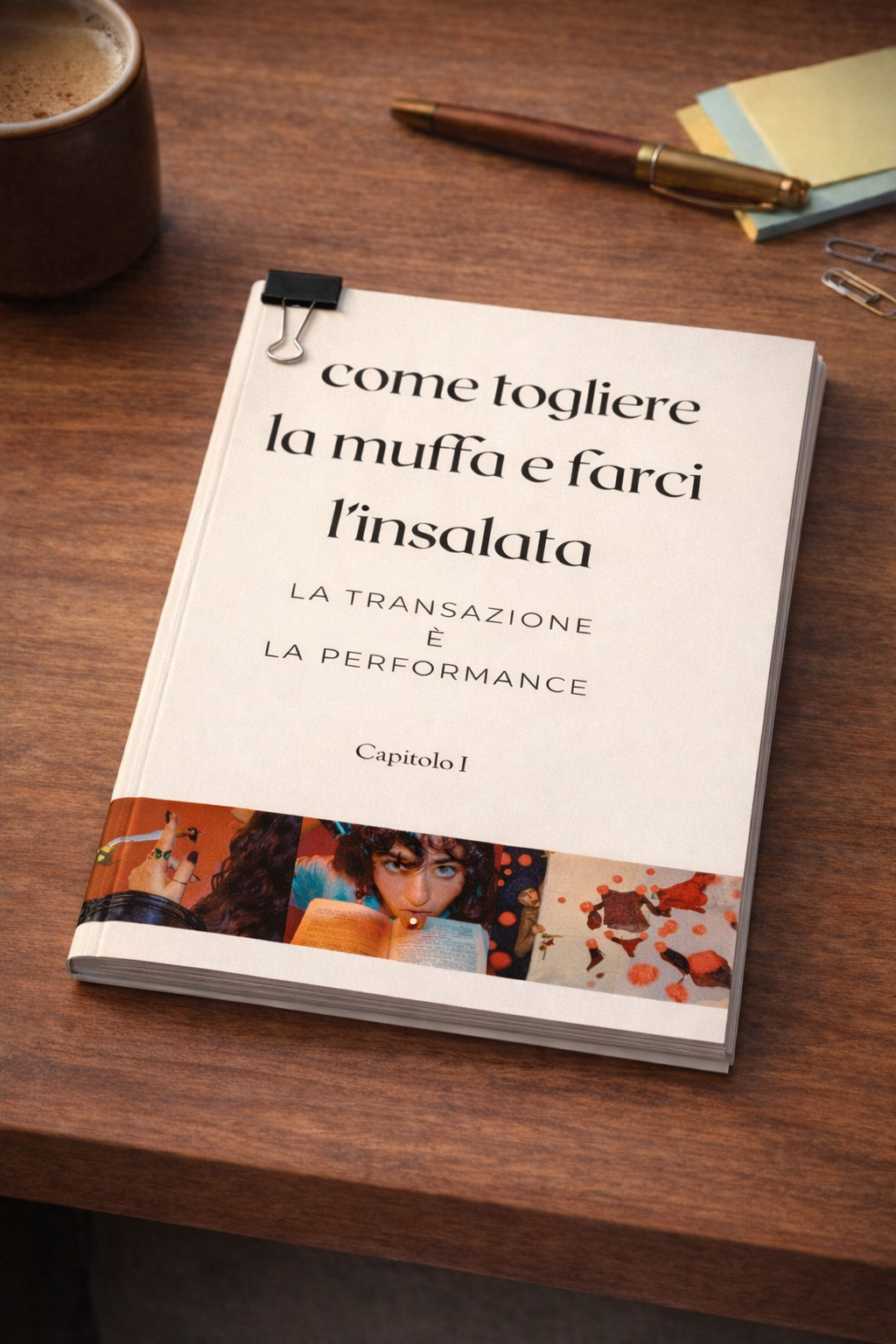 Libro con copertina bianca intitolato 'come togliere la muffa e farci l'insalata', posta su un tavolo di legno, accompagnato da penna, fogli colorati, clip e una tazza di caffè.