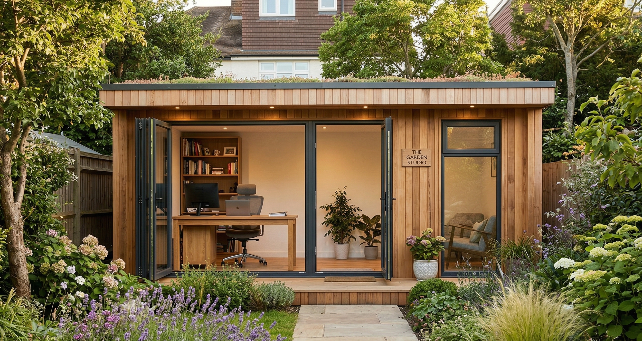 Garden office with wooden exterior, glass doors, and landscaped garden view