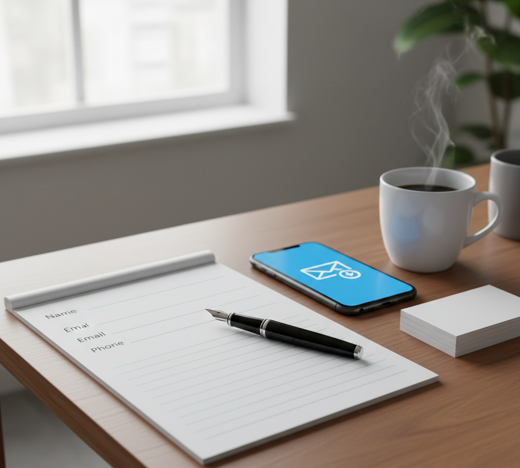A desk with a notepad, a fountain pen, a smartphone displaying an email icon, a steaming cup of coffee, a smaller cup, and a stack of sticky notes, near a window with natural light.