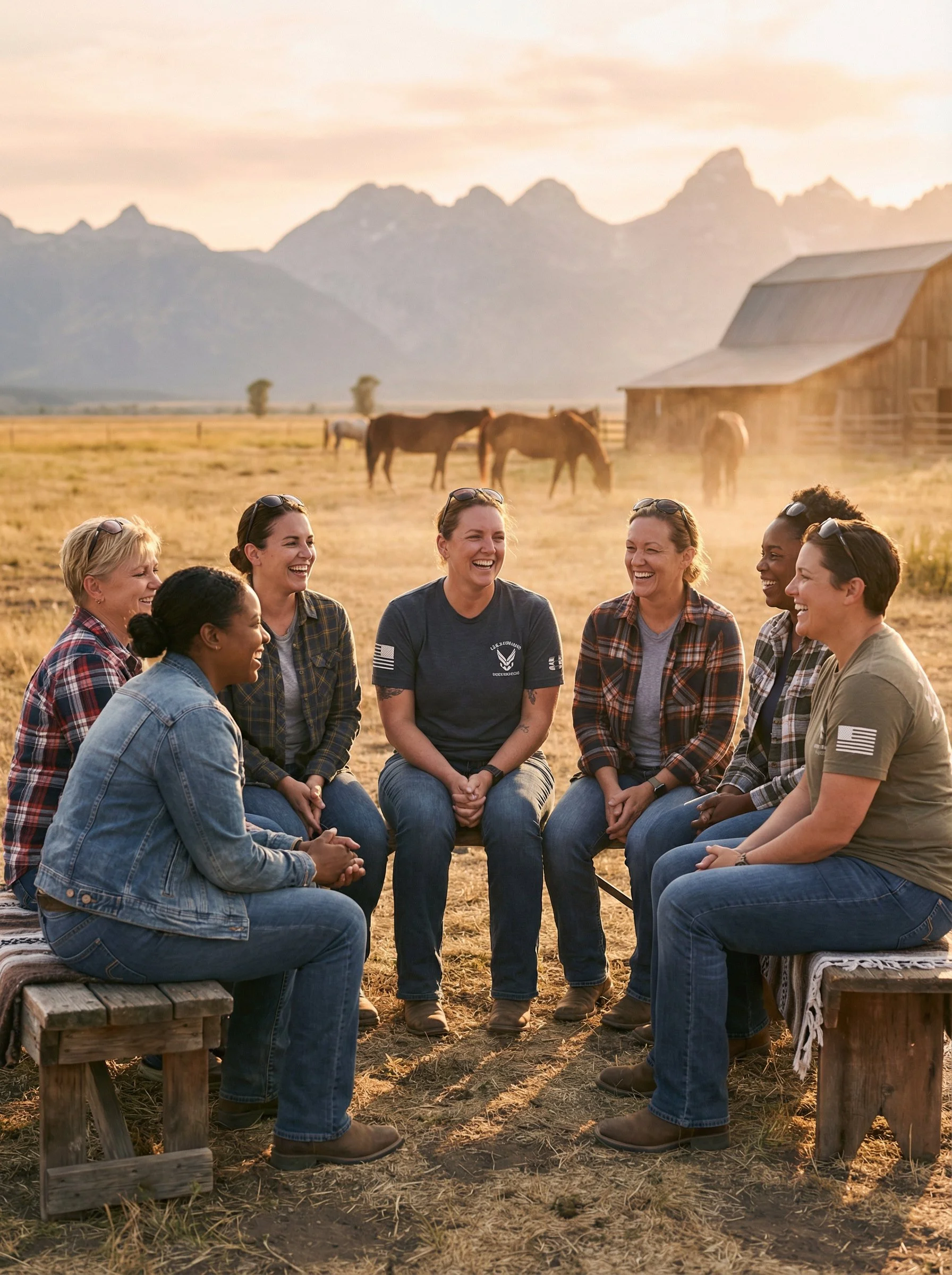 Group of seven women sitting and laughing outdoors in a rural, farm-like setting with horses and mountains in the background during sunset.