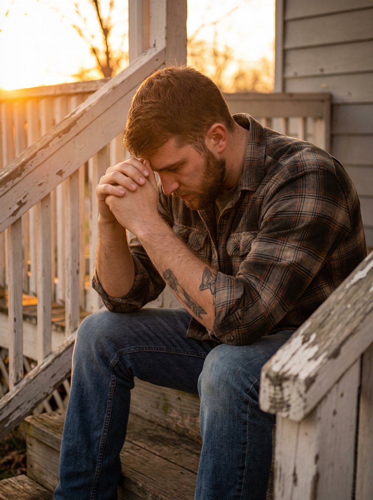 A man sitting on the steps of a porch, head bowed, hands clasped in prayer, during sunset.