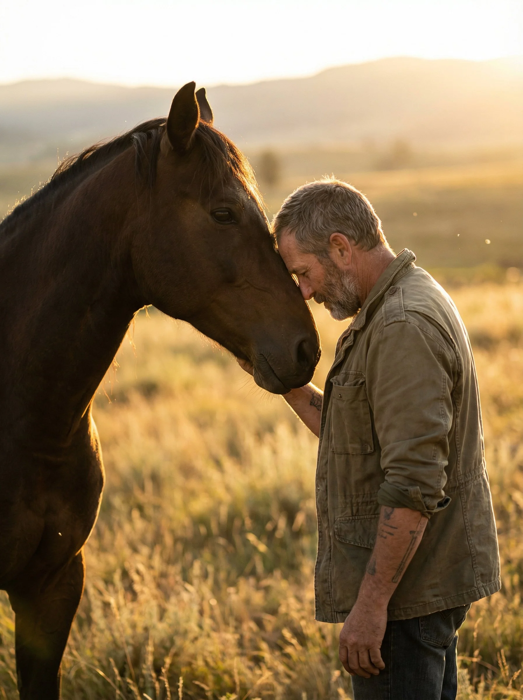 A man and a horse touching foreheads in a field at sunset.