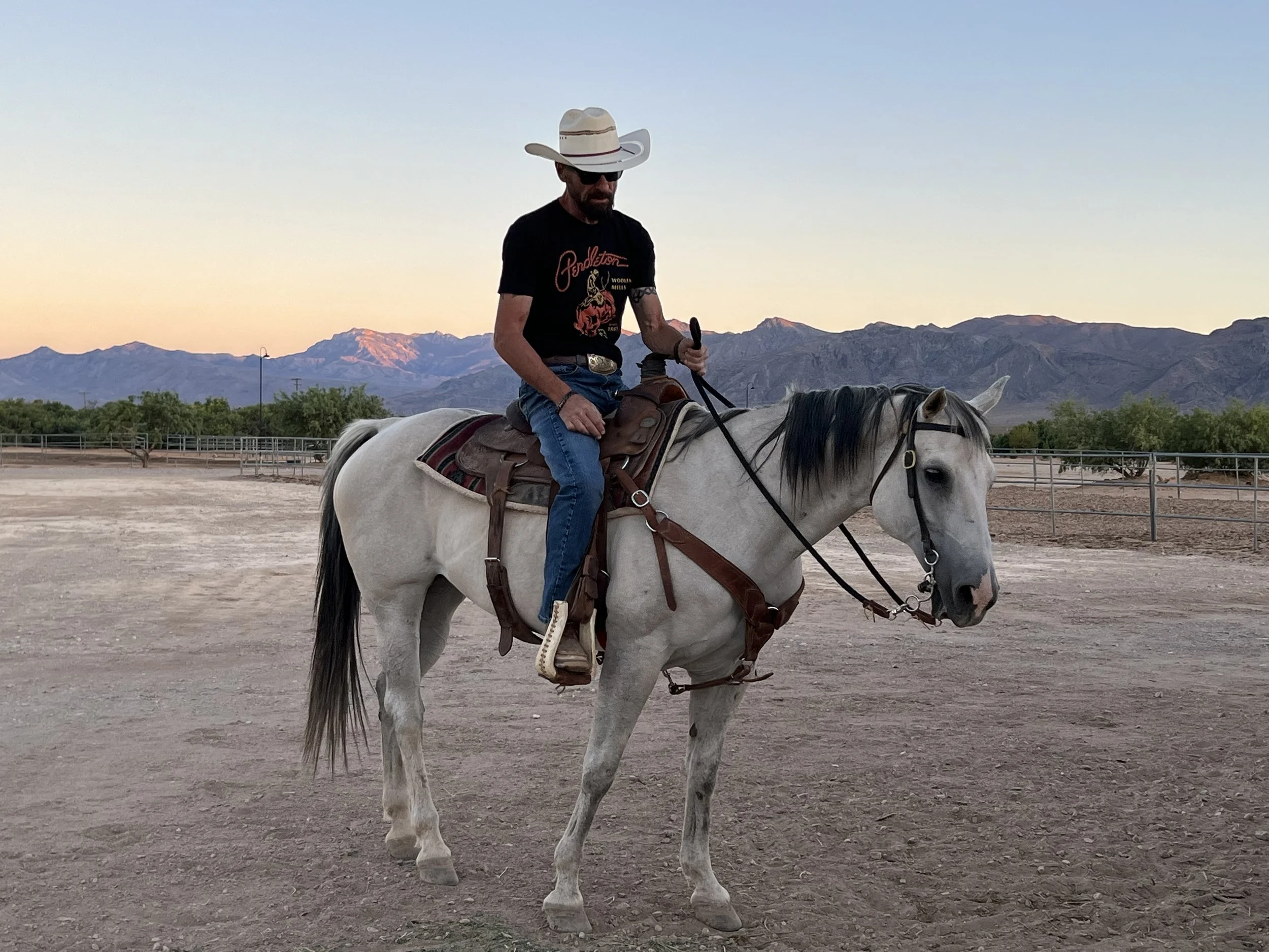 Man wearing a cowboy hat and black T-shirt riding a white horse with a mountain range in the background at sunset.