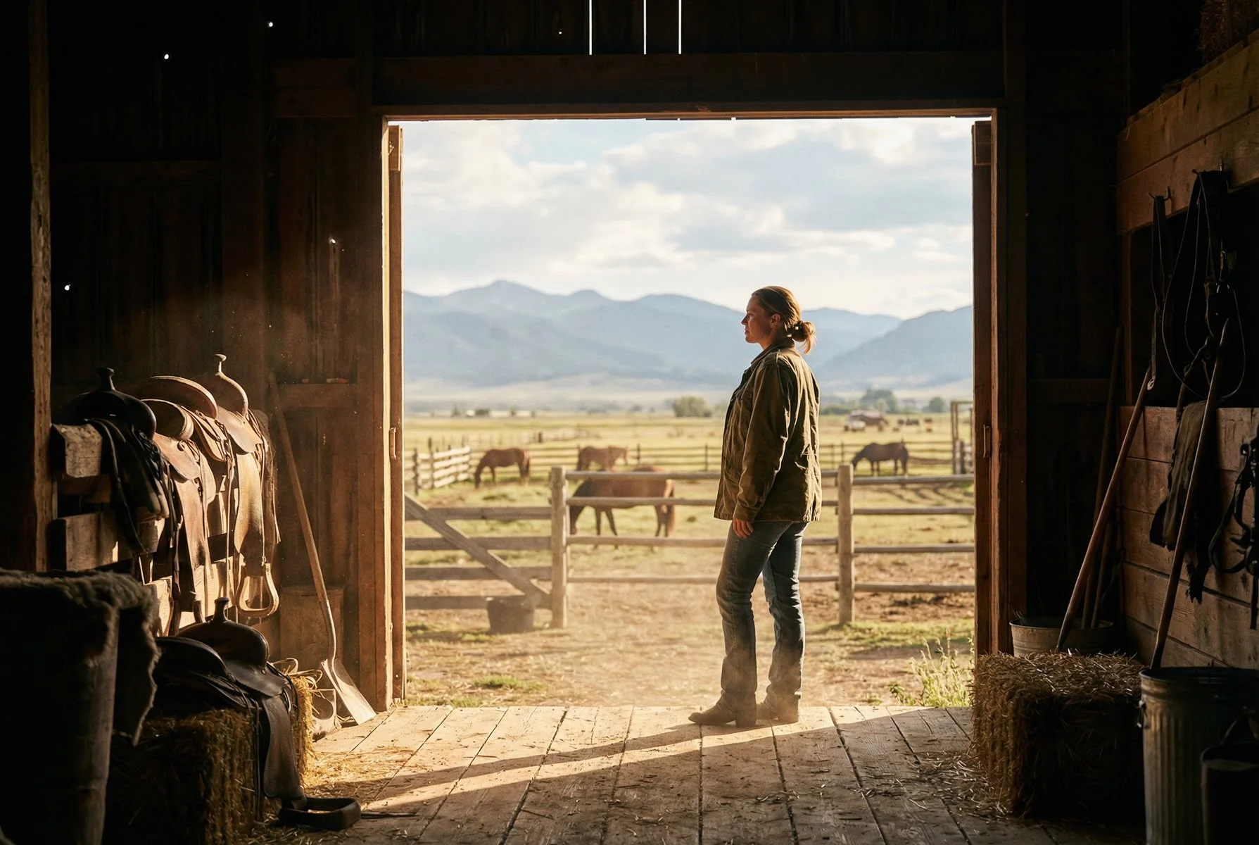 Woman standing inside a barn looking outside at horses in a fenced field with mountains in the background during daytime.