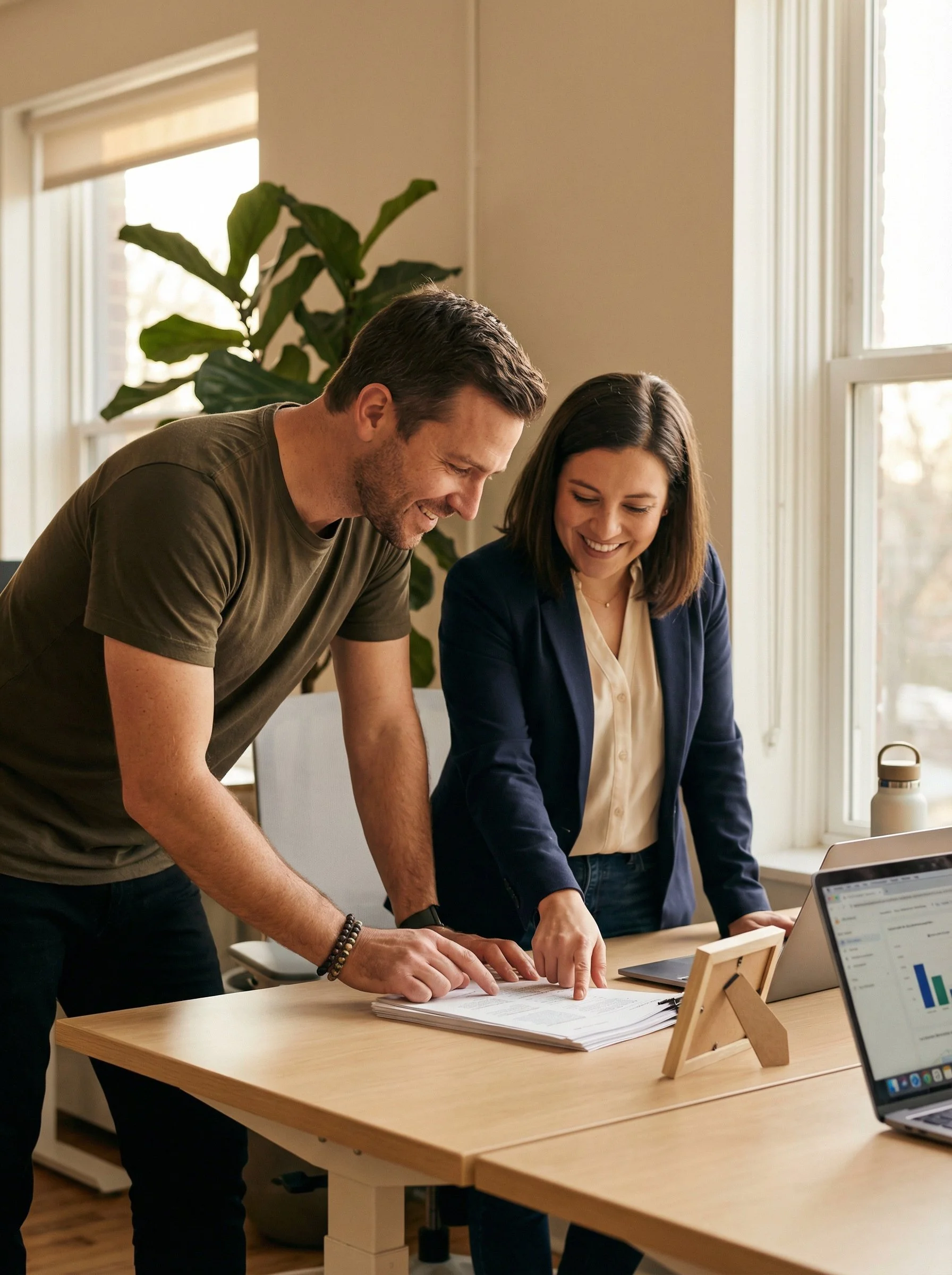 Two people, a man and a woman, are standing at a desk, looking at and discussing papers. They are smiling and pointing at the documents, with a laptop open on the desk. The room is well-lit with sunlight coming through the windows, and there is a large green plant in the background.
