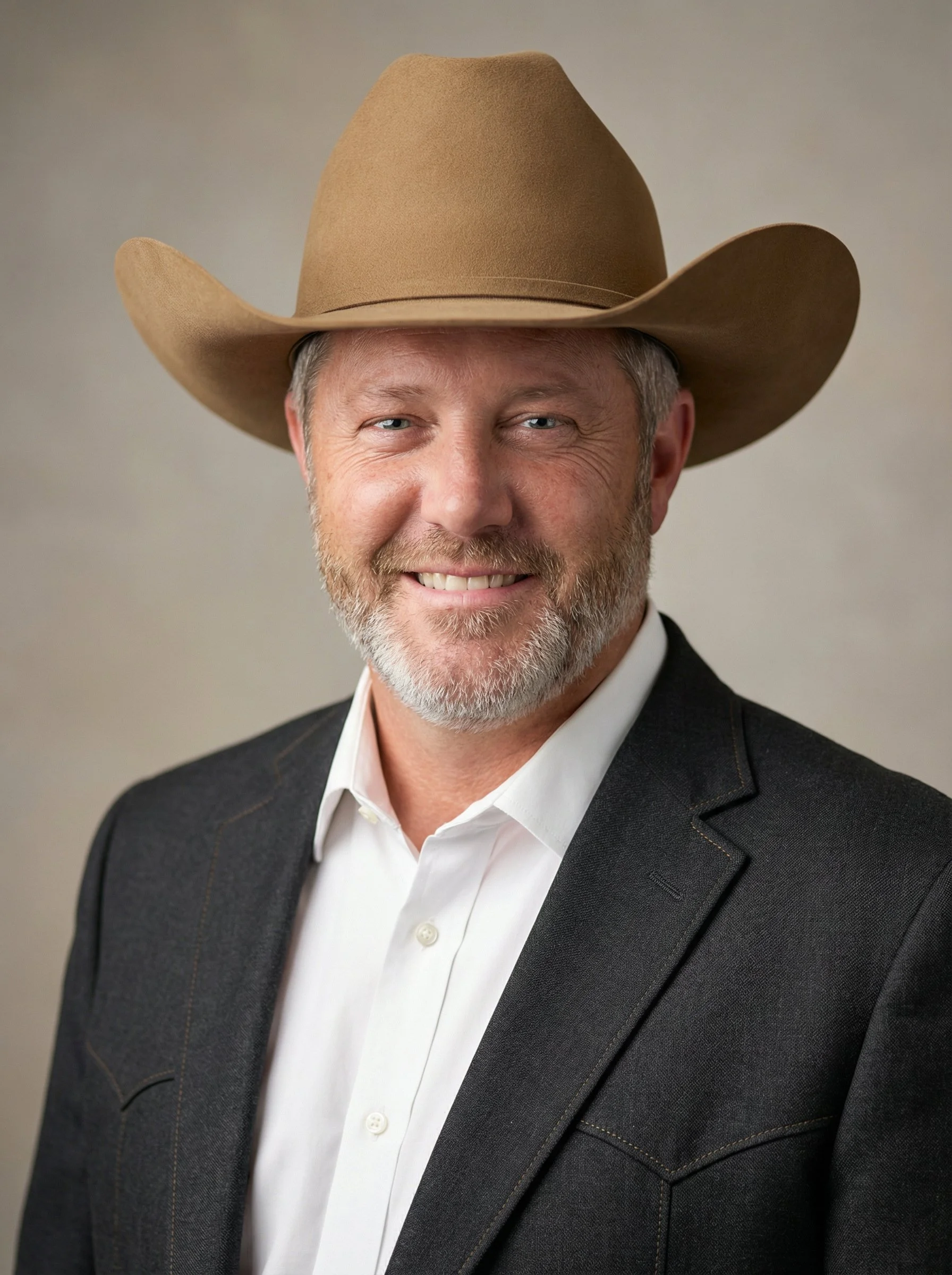 Robert Ankeny wearing a large cowboy hat, a dark suit jacket, and a white shirt, smiling at the camera with a plain background.
