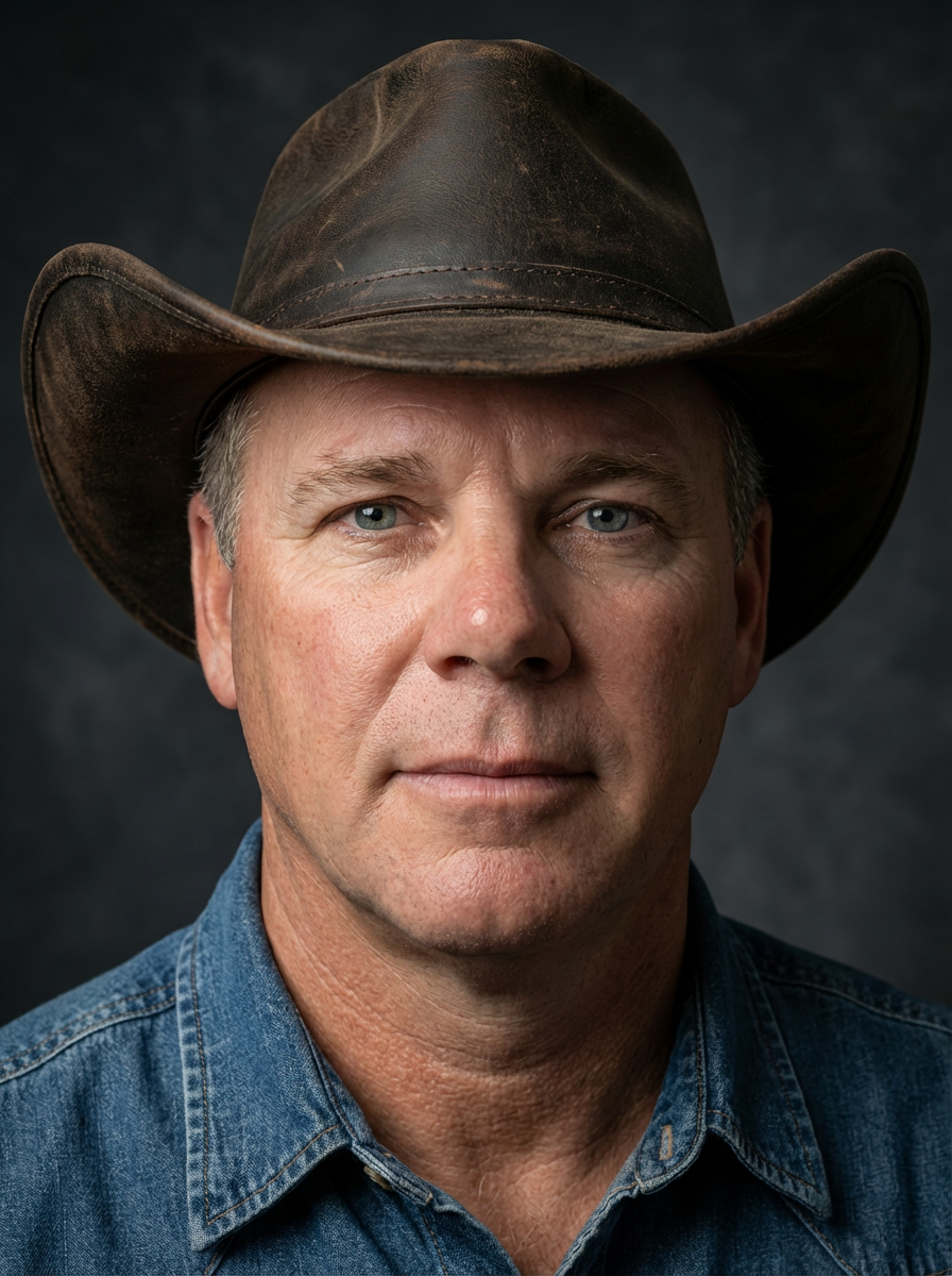 Jay Schroeder wearing a worn brown cowboy hat and a denim shirt, looking directly at the camera against a dark background.