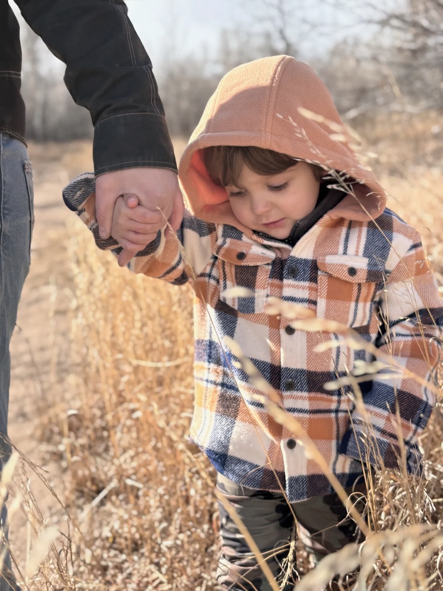 A young boy in a plaid jacket and camouflage pants holds an adult's hand while walking through a field of tall, dry grass.