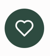 White outline of a heart inside a dark green circle.
