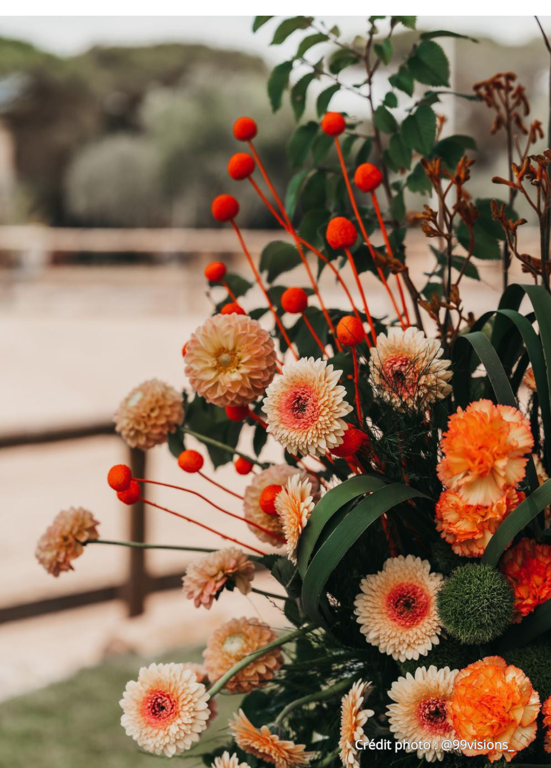 Un arrangement floral avec des dahlias peach et crème, des têtes d'armoise végétale, des petites boules orange et du feuillage vert. En arrière-plan, une barrière en bois et un ciel gris.