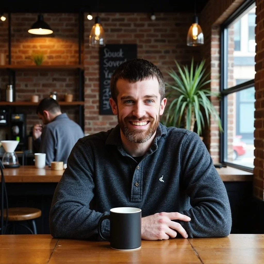 A smiling man with dark hair and beard sitting at a wooden table in a cozy cafe, with a black mug in front of him and a large plant nearby. The cafe has exposed brick walls, large windows, and warm pendant lighting, with a barista in the background preparing coffee.