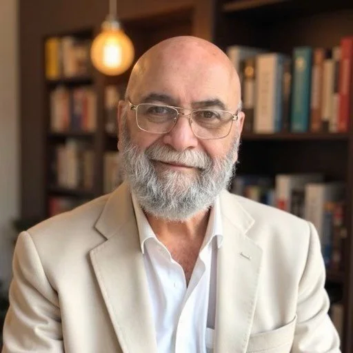 A bald man with glasses and a beard wearing a cream-colored blazer and white shirt, standing in front of a bookshelf with warm lighting.