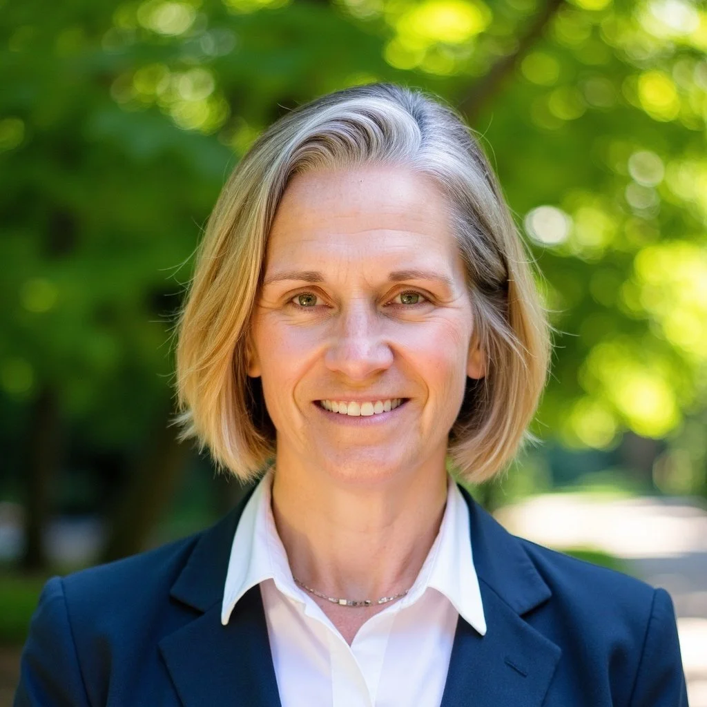 A woman with short blonde hair, wearing a navy blazer and white collared shirt, smiling outdoors with green trees in the background.