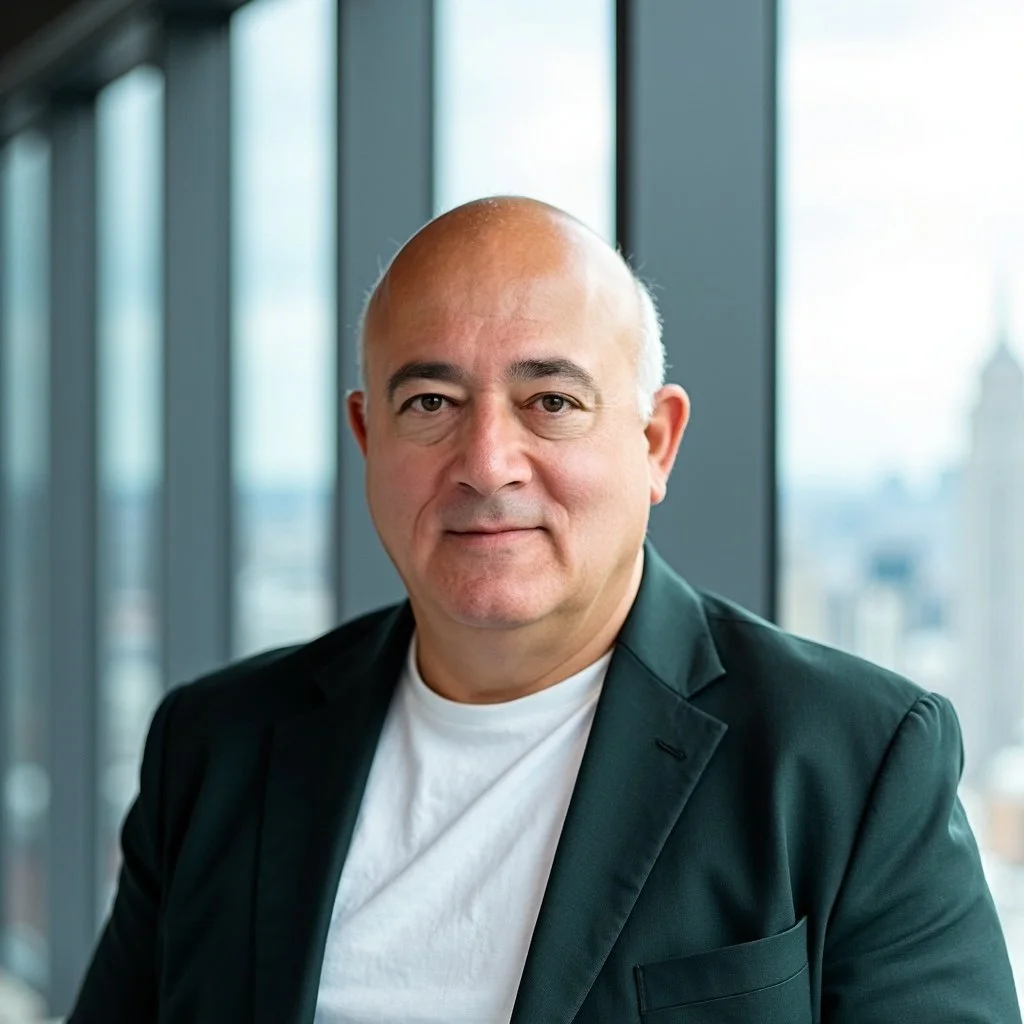 A bald man with light skin wearing a black blazer and white shirt, sitting in front of large windows overlooking a cityscape.