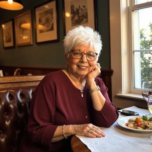 An elderly woman with short, white hair and glasses, smiling at the camera while sitting at a restaurant table with a plate of food and a glass of wine.