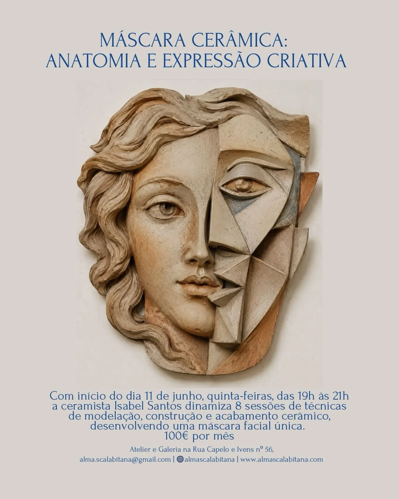 J&aacute; imaginou criar uma m&aacute;scara em cer&acirc;mica inteiramente sua?

Aqui pode fazer uma pe&ccedil;a &uacute;nica com as suas m&atilde;os. Sem c&oacute;pias. Apenas criatividade, barro e imagina&ccedil;&atilde;o!

A partir de 11 de junho,