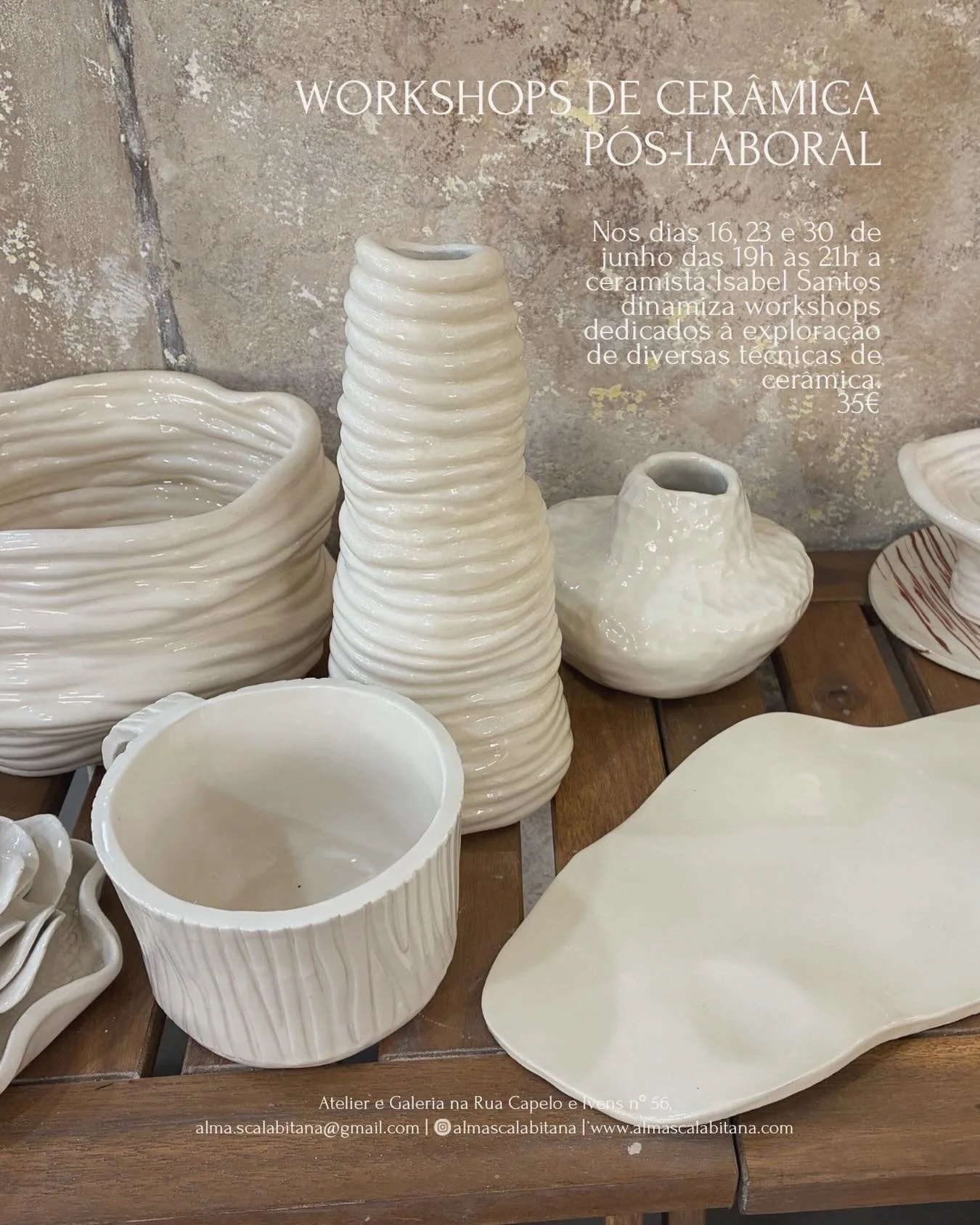 Temos novidades &agrave;s ter&ccedil;as-feiras, das 19h &agrave;s 21h, porque abrimos as portas do atelier para uma oficina dedicada &agrave; explora&ccedil;&atilde;o das t&eacute;cnicas de constru&ccedil;&atilde;o manual em cer&acirc;mica. 

Em cada