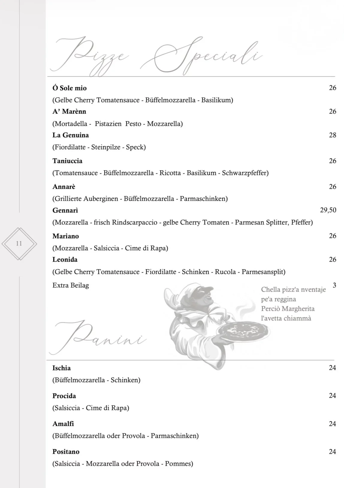 Pagina di menu con sezioni 'Pizze Speciali' e 'Panini', con vari nomi di piatti e prezzi, accompagnata da un'illustrazione di un chef con una pizza.