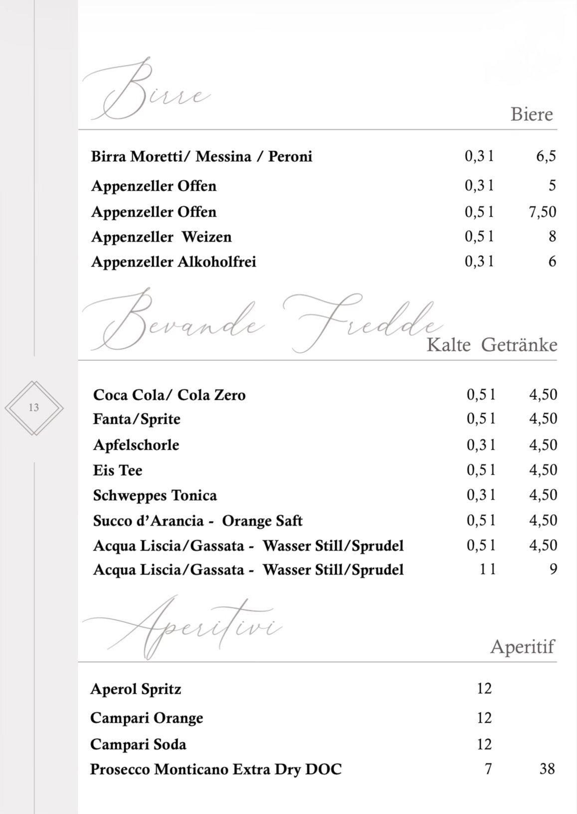 Menu di un ristorante con sezioni per birre, bevande fredde e aperitivi, elenca varie opzioni con quantità e prezzi in euro.