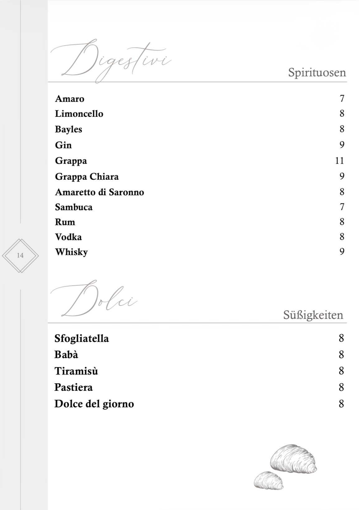 Pagina di un menu con sezioni 'Digestivi' e 'Dolci', elenchi di bevande spumanti e liquori, e dolci come sfogliatella, babà, tiramisù, crostata e dolce del giorno, con un'illustrazione di due croissant in basso a destra.