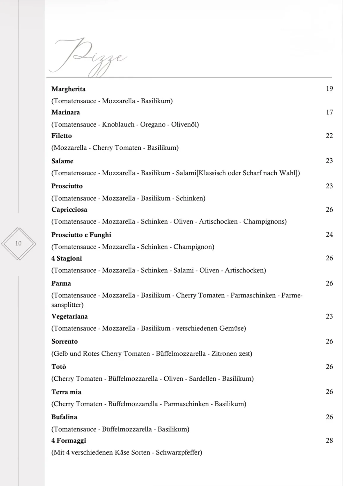 Menu di una pizzeria con varie pizze e prezzi in euro