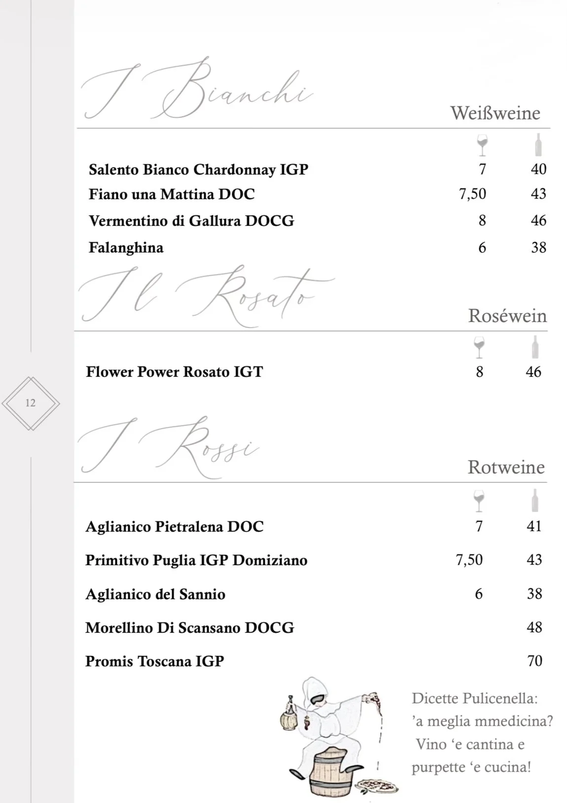Menu con diverse categorie di vini italiani, tra cui vini bianchi, rosati e rossi, con relativi prezzi e annotazioni decorative, inclusa una piccola illustrazione di un personaggio con barattoli e un bicchiere.