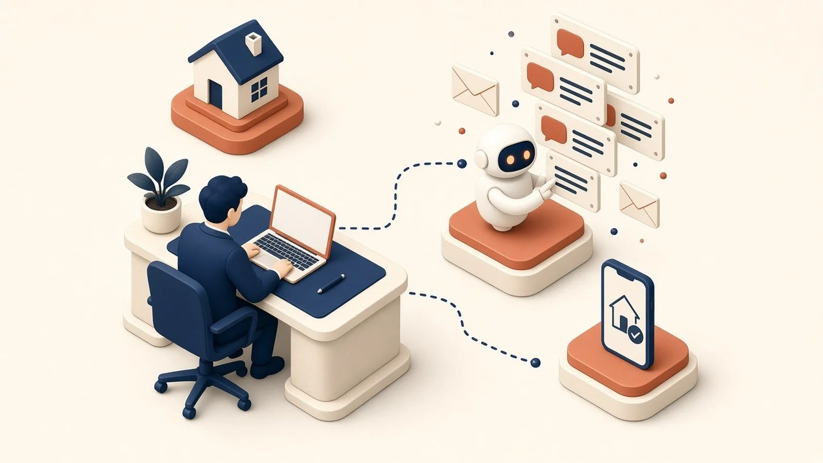 AI robot sorting lead follow-up message cards beside a real estate agent working at a laptop
