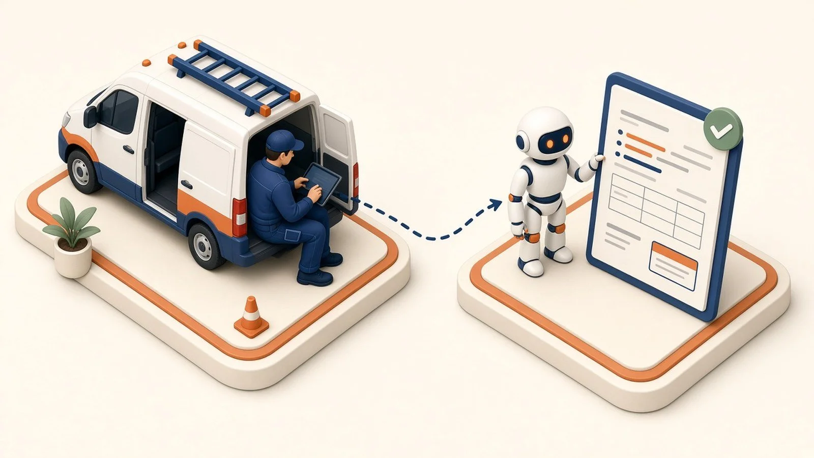 Service van and tech with tablet sending notes that become a clean estimate card, with a small AI robot assisting