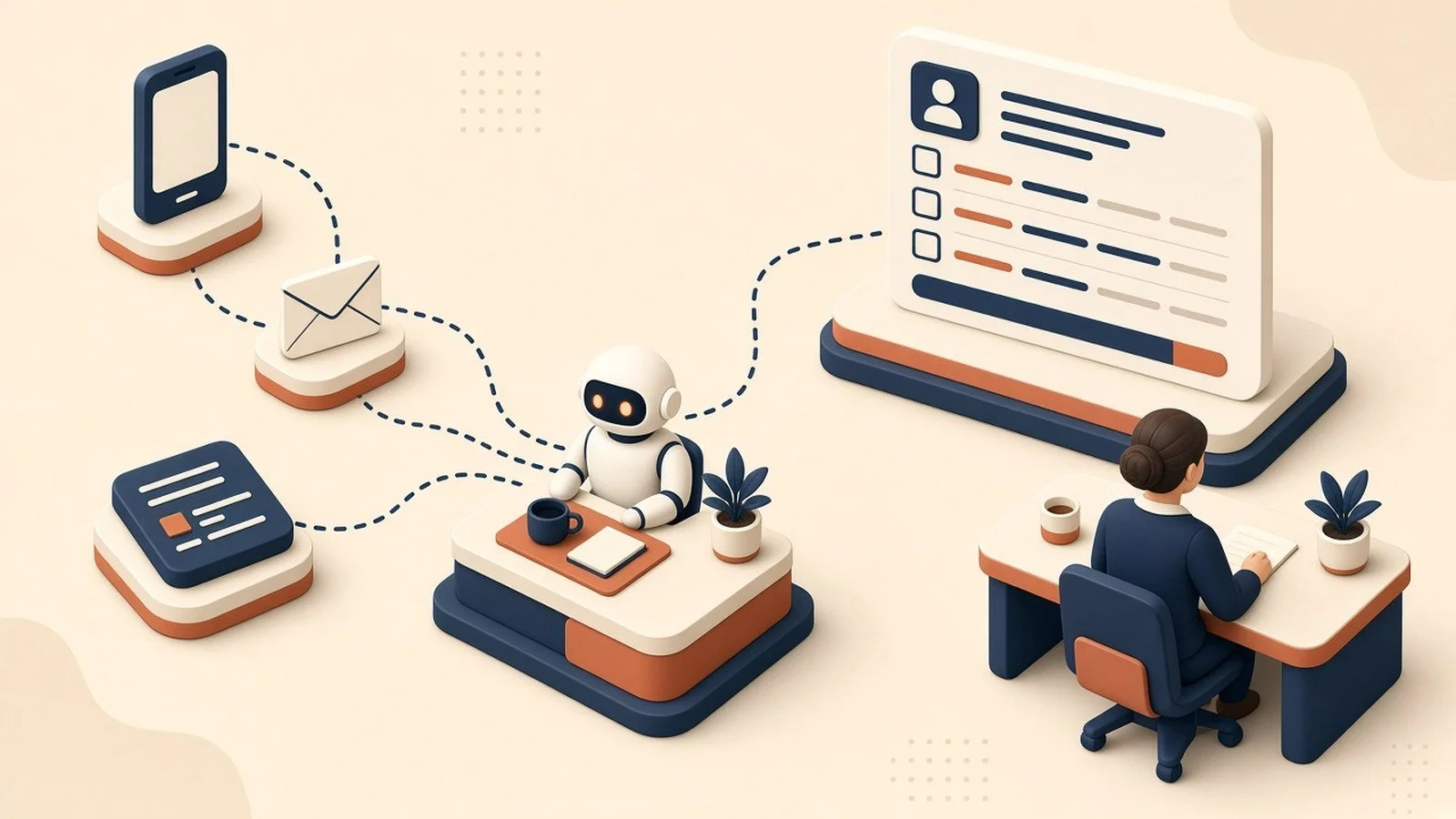 AI robot helping turn phone and email inputs into a structured intake form at a law-firm desk