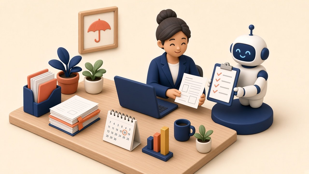 Illustrated financial advisor at a desk reviewing a one-page client meeting brief while a friendly robot assistant hands over a checklist, with a calendar, folders, and a small growth chart nearby.