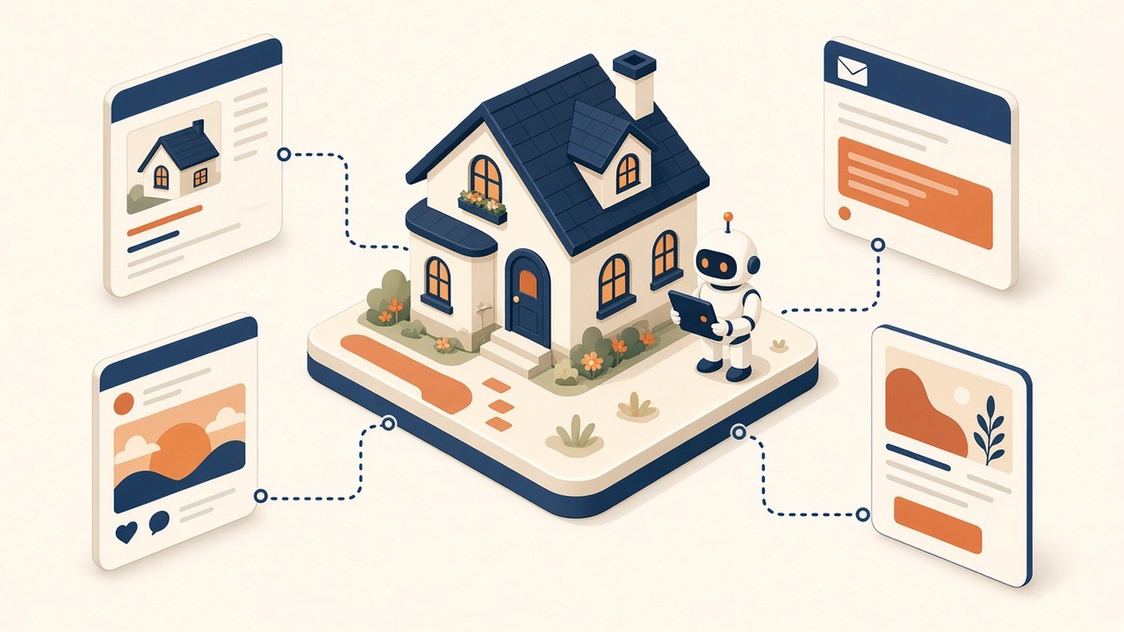 One house listing turned into several marketing cards for social, email, and print, with an AI robot holding a tablet