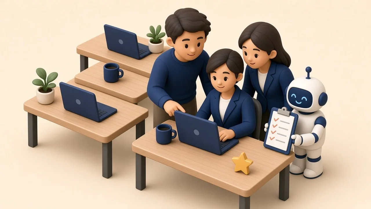 Illustrated small office where one employee works at her laptop with a friendly AI assistant beside her while two coworkers lean in to watch, and other desks with laptops wait in the background.