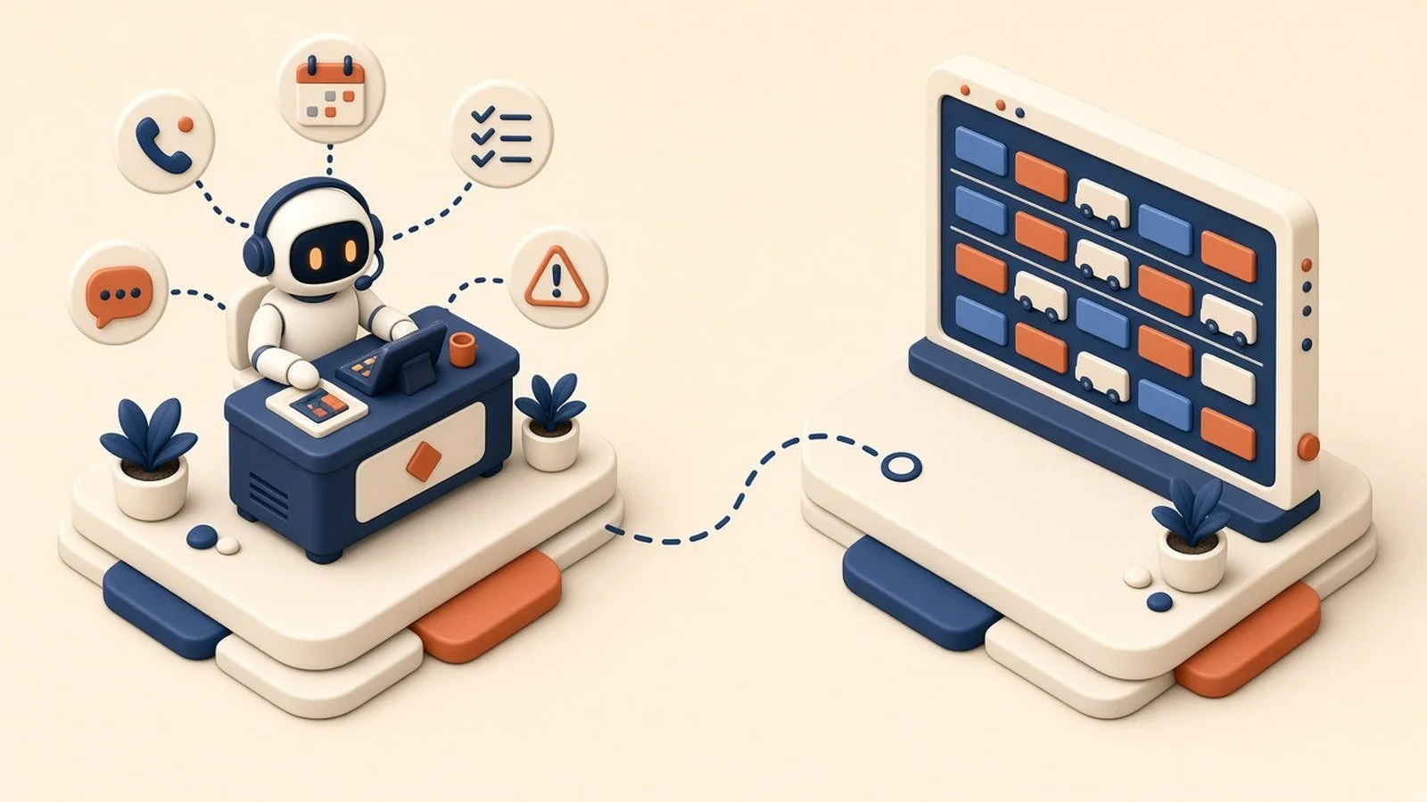 AI robot at a desk with phone and calendar icons connected to a dispatch scheduling board