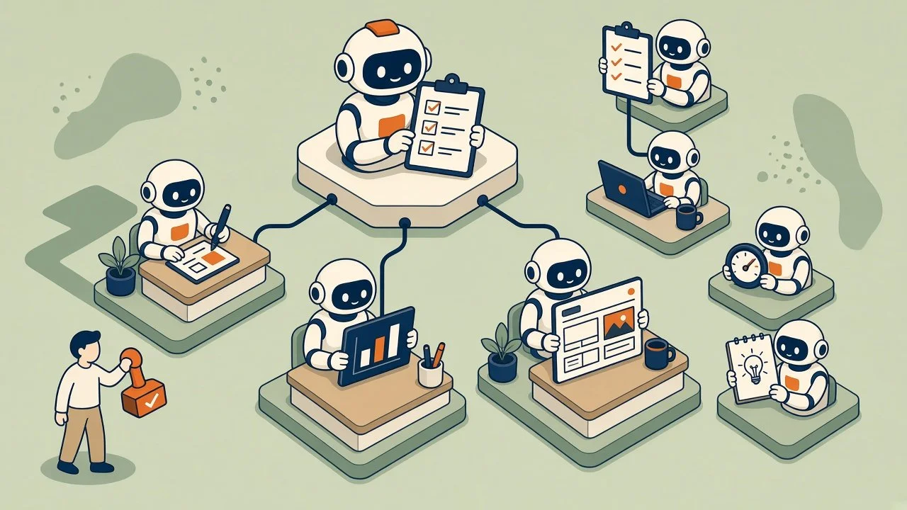 Isometric illustration of friendly robots in a small org chart with a human holding an Approve stamp