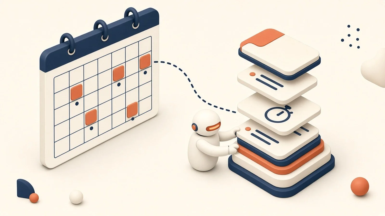 Deadline calendar beside billing cards with a stopwatch, with an AI robot organizing them for a small law firm
