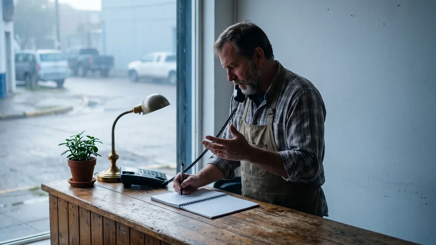 A local business owner on the phone with a customer inside their shop.
