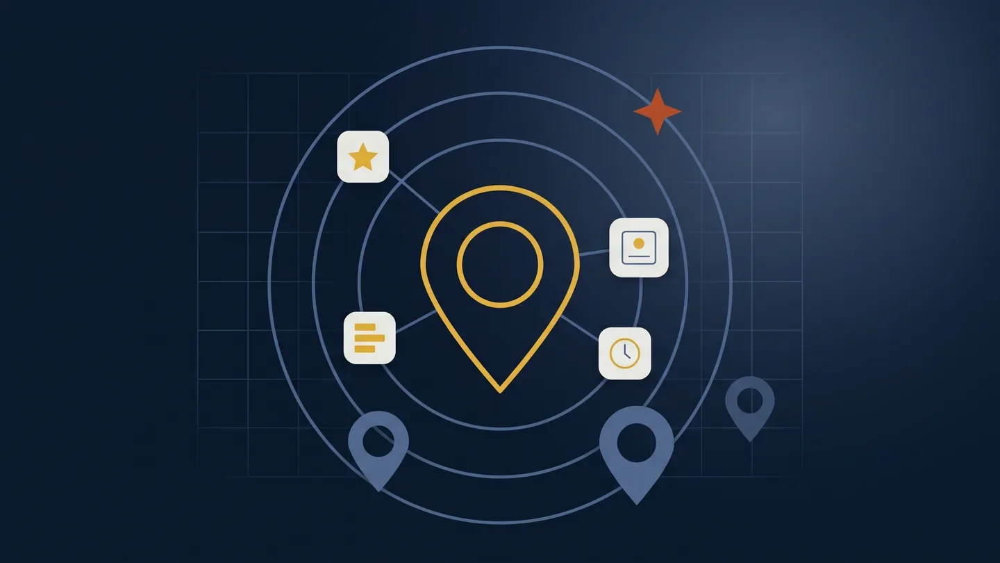 A map pin surrounded by the signals AI weighs when recommending a local business: reviews, listings, and distance.