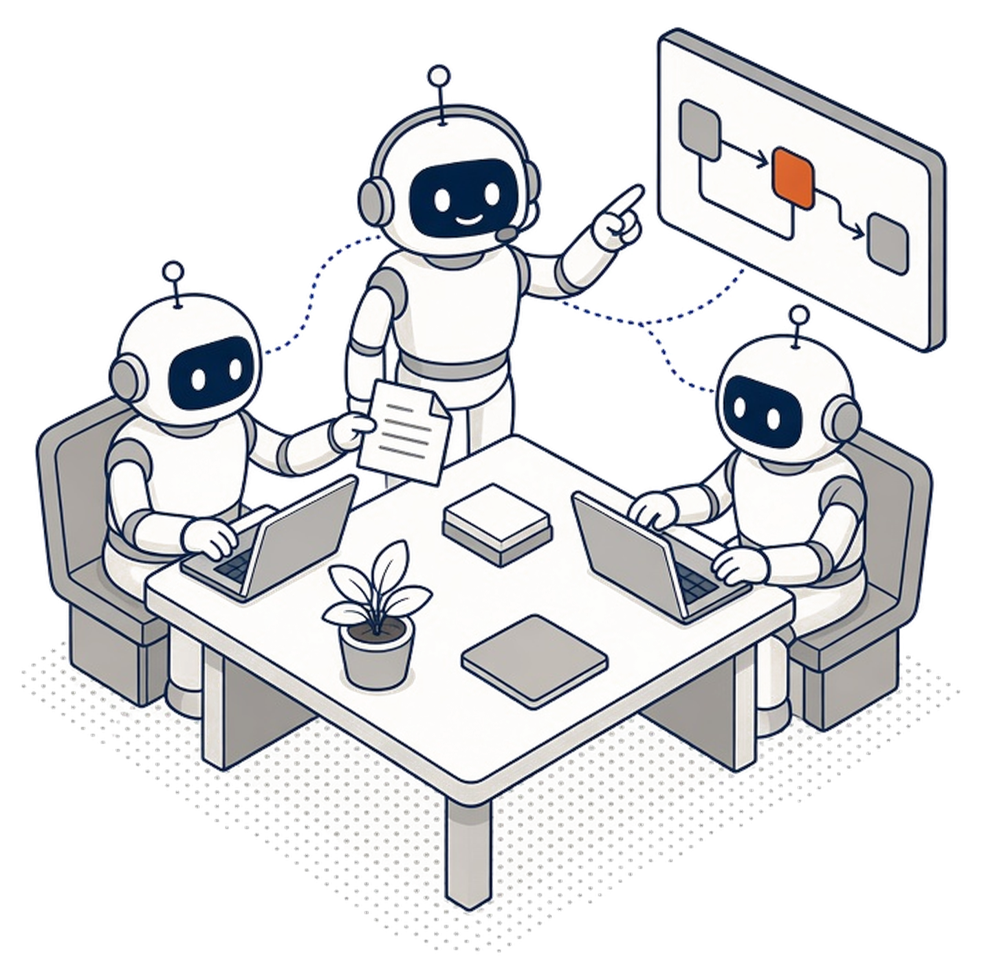 Illustration of a manager agent and two team agents working together at a shared desk with a workflow on a screen