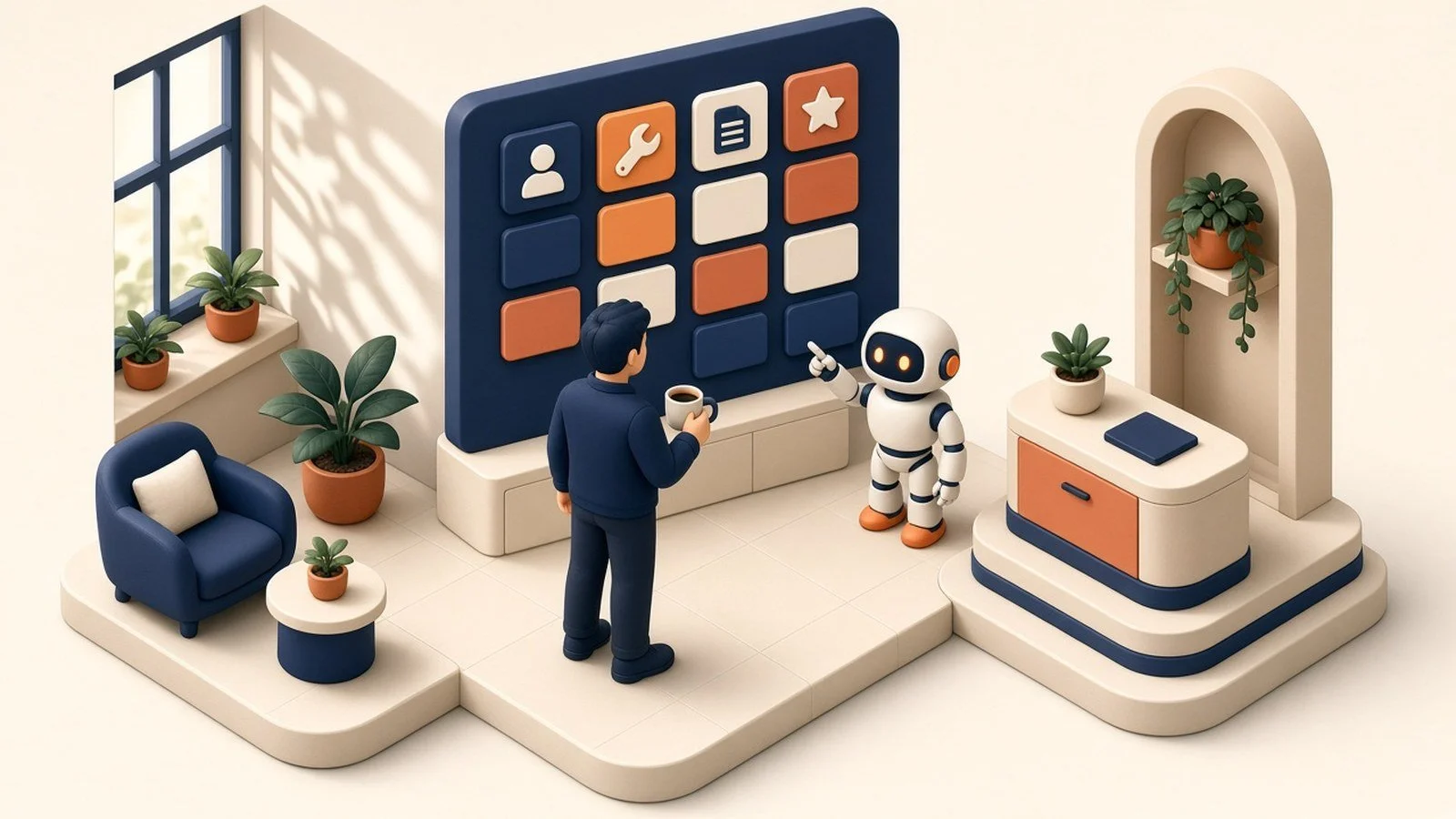 Morning ops board with columns for leads, techs, quotes, and reviews, with an AI robot alongside