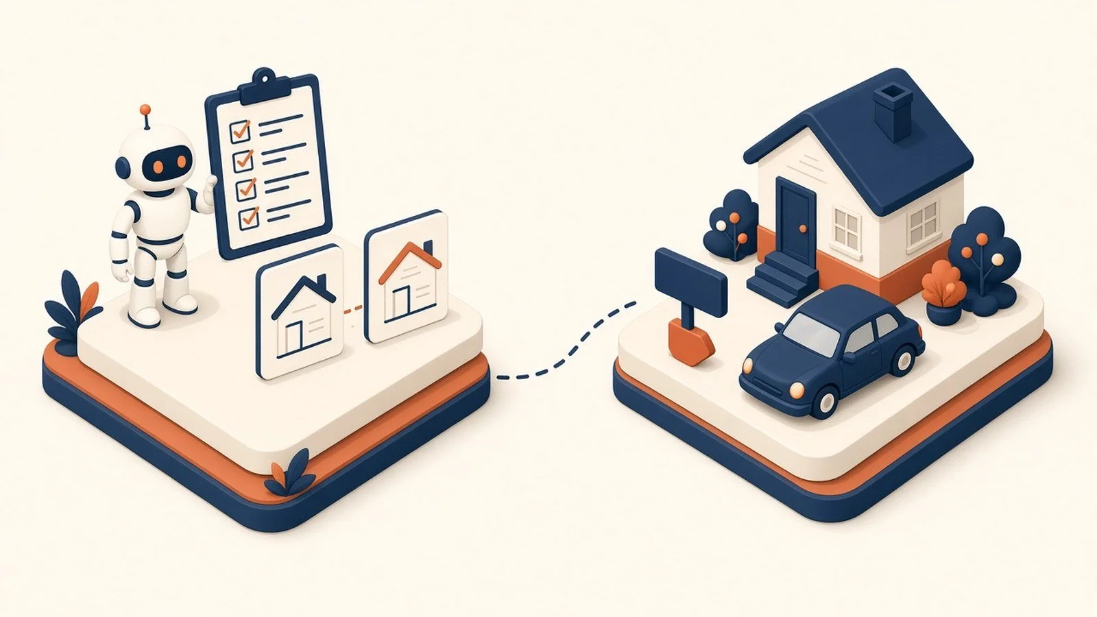 AI robot with a showing-prep checklist and comparable home cards, linked to a house with a car out front