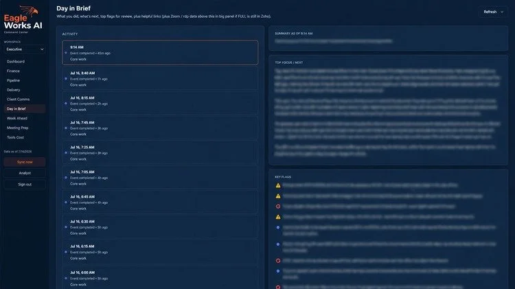 Day in Brief dashboard with activity log, daily summary, focus items, and key flags