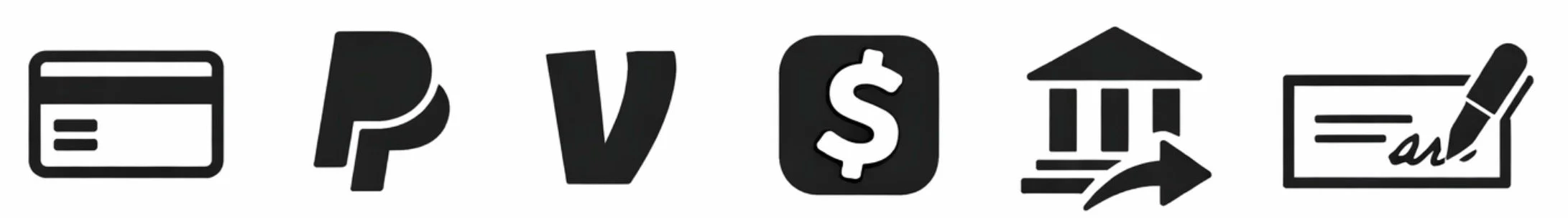 Stylized black icons representing various financial and business concepts, including a credit card, a check, a dollar sign, a bank building, a checkbook with a pen, a report with a magnifying glass, and a pie chart.